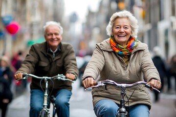 Obraz premium Senior couple riding bicycles in the city. Focus on the smiling woman