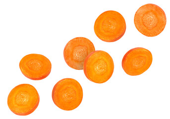 Round carrot slices in air on white background