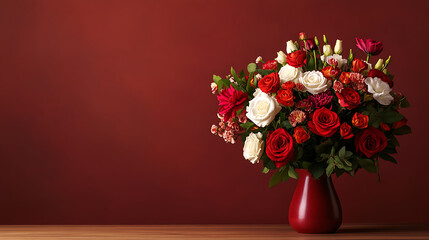 Fototapeta premium A vibrant bouquet of red and white roses in a red vase, set against a deep red background.