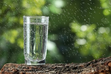 Soda water in glass on wooden surface under drops outdoors, space for text