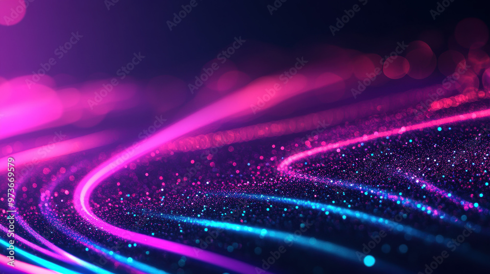 Poster abstract background with neon light trails and glittering particles, creating a futuristic and vibra
