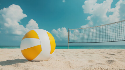 Beach volleyball on sandy shore with net under blue sky. Perfect summer day for outdoor sports and recreational activities by the ocean.