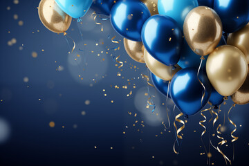 Blue and Gold Balloons with Confetti and Ribbons