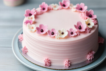 Delicate pink frosted cake adorned with beautiful handcrafted floral decorations, perfect for celebrations and special occasions.
