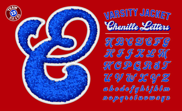 A set of script letters in the style of puffy chenille patches on letter jackets, in team colors red, white and blue