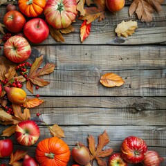 Thanksgiving background: Apples, pumpkins and fallen leaves on wooden background. Copy space for text
