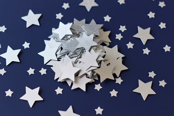 Fototapeta premium Elegant Silver Stars Confetti Sprinkled on Deep Blue Background