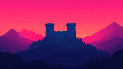 Obraz premium Majestic castle silhouette at sunset with vibrant pink and orange skies, surrounded by serene mountains. Perfect for fantasy or medieval themes.