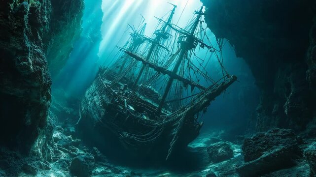 Sunken Ship in Underwater Cave