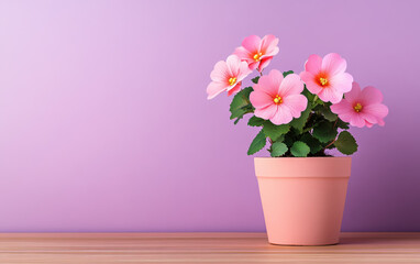 Elegant pink flowers in a terracotta pot against a soft purple background, perfect for home decor inspiration and floral arrangements.