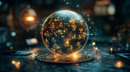 World Philosophy Day A glowing globe surrounded by holographic philosophical symbols and questions, soft ambient lighting, serene and intellectual atmosphere, 3D render