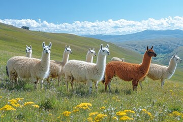 Fototapeta premium A group of llamas grazing together on a grassy hillside under a clear blue sky. Generative AI