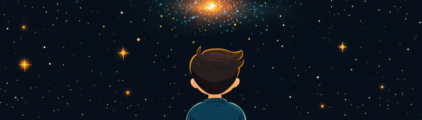 Fototapeta premium A child gazes at a star-filled galaxy in space, captivated by the wonder and beauty of the cosmos. The illustration captures the magic of stargazing and exploration.