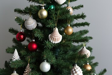 Fototapeta premium Festive Christmas Tree Adorned with Small Conch Shell by Ocean Waves