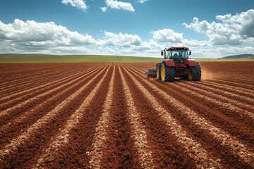Fototapeta premium A large tractor plowing a vast field. Generative AI
