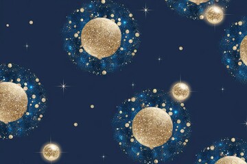 Whimsical Cobalt Blue and Gold Fleck Design with Twinkling Orbs on Dark Navy Background
