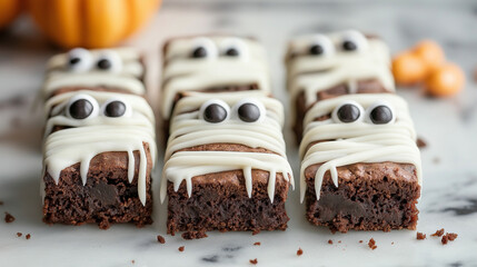 Mummy Brownies, brownies wrapped in white icing to resemble mummies with candy eyes, Halloween, with copy space