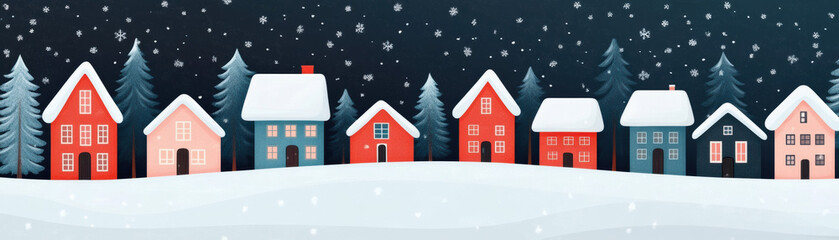 A serene winter night showcasing colorful houses adorned with snow, surrounded by pine trees and falling snowflakes under a dark sky.