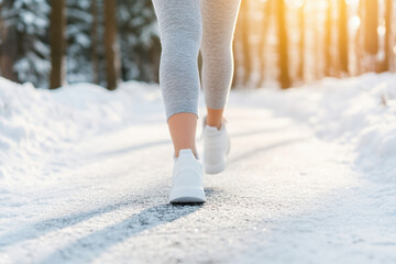 Person walking on a snowy path in winter forest, wearing grey leggings and white sneakers, with sunlight filtering through the trees.
