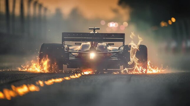 a racing car that emits flames at night on a racing circuit. Virtual 4K video animation background with looping time lapse with very smooth graphics.