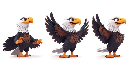 Fototapeta premium Three cartoon bald eagles in different poses. The first eagle is standing with its wings down, the second eagle is standing with its wings up, and the third eagle is standing with its wings out.