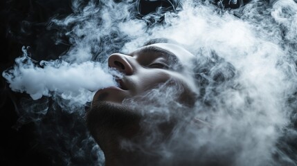 Obraz premium Man Exhaling Vapors in Dark Atmosphere, Ideal for Lifestyle and Smoking Themes