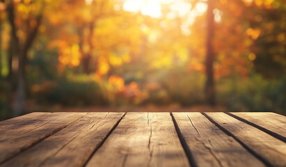  old wooden platform background backgrounds board table in front of dreamy and abstract fall forest autumn landscape, panel board space, closeup textured space for business
