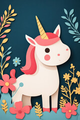 Obraz premium Cute paper-cut unicorn with a pink mane, surrounded by colorful flowers and leaves on a dark teal background, whimsical and magical design.