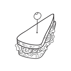 Fresh made sandwich with salami and salad in doodle engraved sketch style. Traditional breakfast product. Hand drawn illustration for cafe, bakery, restaurant menu