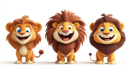 Obraz premium Three happy cartoon lions, one with a brown mane, standing together, isolated on white background.