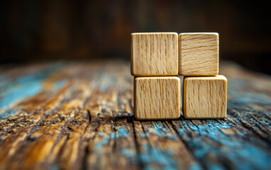 Close-up of wooden cubes stacked on a rustic wooden table, featuring detailed textures and natural patterns. Perfect for concept, design, or background use.
