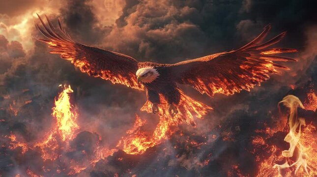 a fire eagle that flaps its fire wings and flies over the volcano. Virtual 4K video animation background with looping time lapse with very smooth graphics.