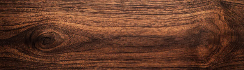 Fototapeta premium Close-up view of rich, dark wooden texture with prominent grain patterns and natural knots, ideal for backgrounds, textures, or design projects.