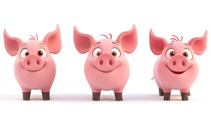Three 3D cartoon pigs with different poses on white background.