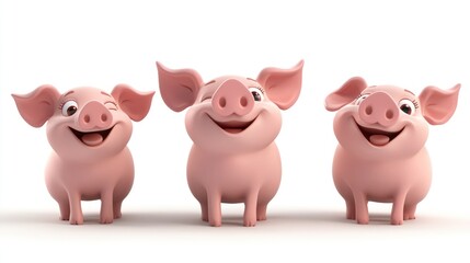 Three cartoon pigs with happy expressions, standing on a white background.