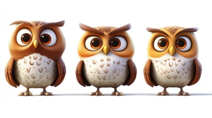 Fototapeta premium Three cartoon owls with big eyes and brown feathers, looking straight ahead on a white background.