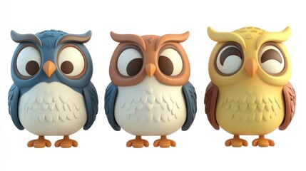 Fototapeta premium Three cartoon owls with big eyes standing in a row.