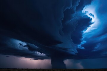 Intense Indigo Blue Cosmic Skyscape at Midnight with Thunder Clouds and Strong Winds