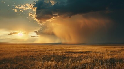 Fototapeta premium Dark clouds unleashing intense rainfall over the vast fields.