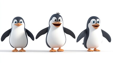 Fototapeta premium Three cartoon penguins stand in a row and smile at the camera on a white background.