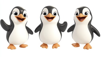 Three happy cartoon penguins isolated on a white background.
