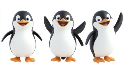 Obraz premium Three cheerful cartoon penguins waving their flippers.