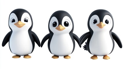 Three cute cartoon penguins standing in a row.