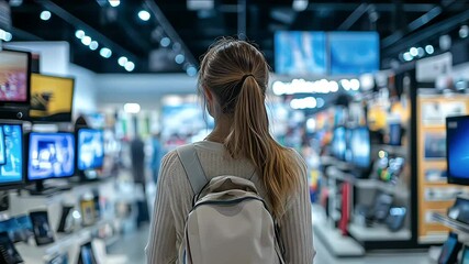 Back view of young woman in electronics store