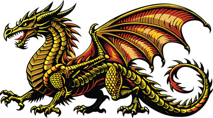 Golden fire breathing dragon spreading its wings