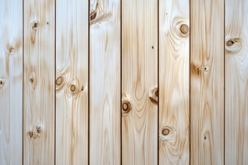 Fototapeta premium Close-up of a wooden plank wall with natural knots and grain patterns, showcasing the texture and detail of light-colored wood.