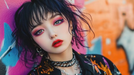 A portrait of a Japanese girl in modern street fashion, with a chic hairstyle and vibrant makeup,...