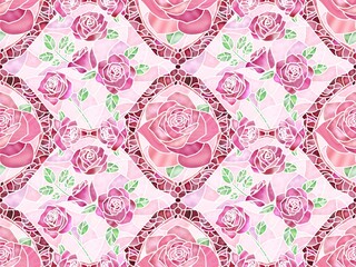 バラのステンドグラスのシームレスパターン　C-2'