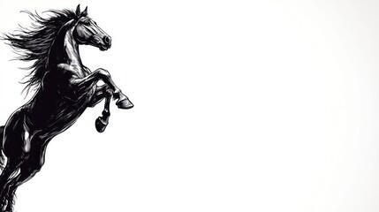 A black horse rears up on its hind legs with its mane flowing in the wind against a white background.