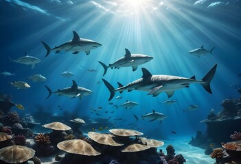 A school of sharks swimming in the deep blue ocean